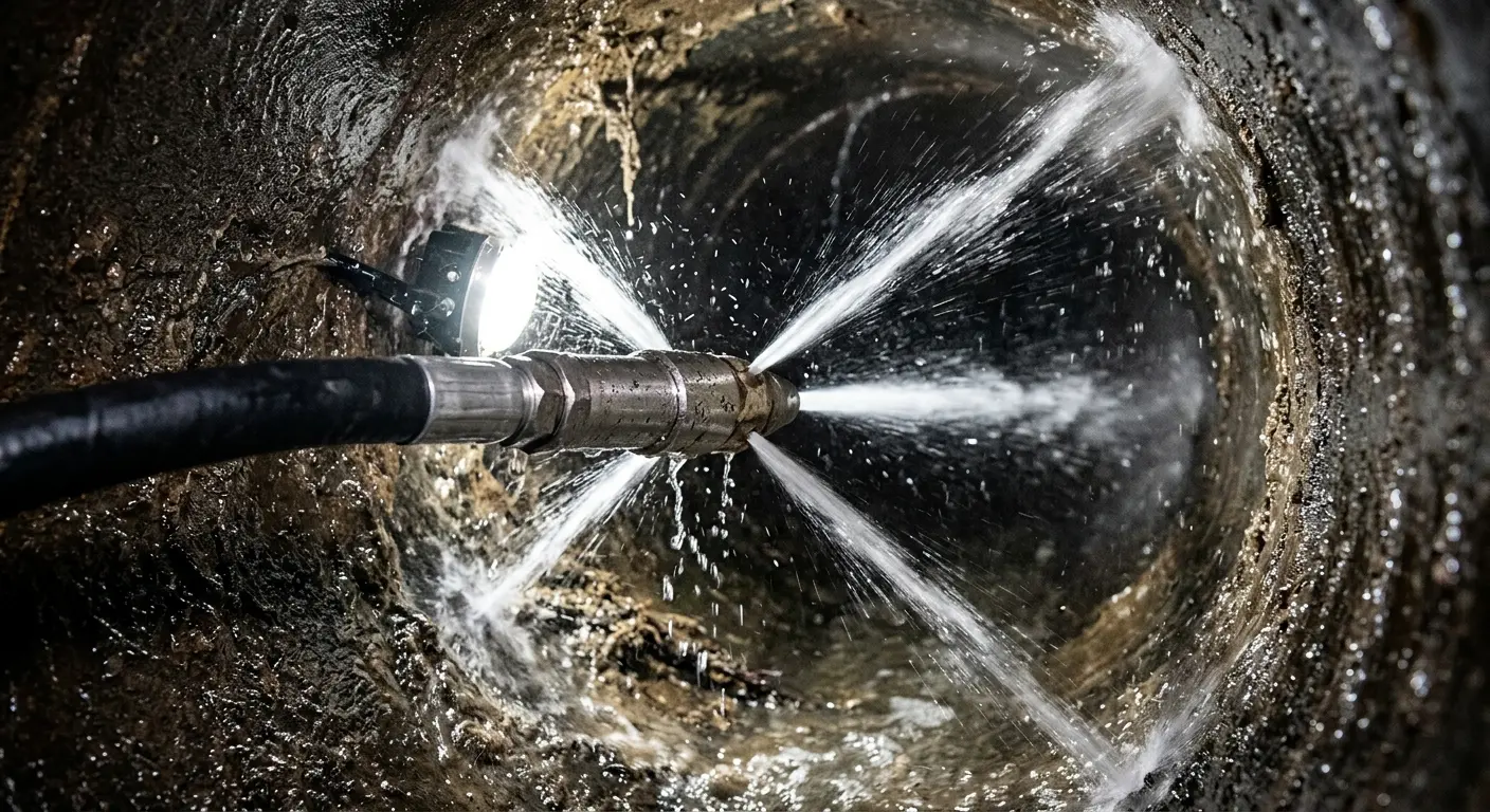 High-pressure hydro jetting nozzle cleaning sewer pipe for Storm Drain Cleaning in Wilkinsburg