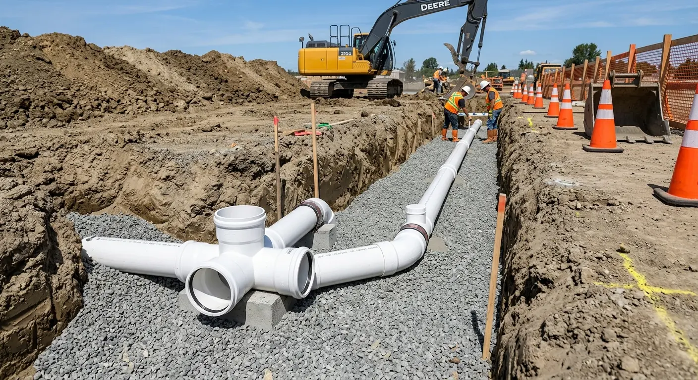New PVC sewer pipe installation in open trench for Commercial Drain Cleaning in Wilkinsburg