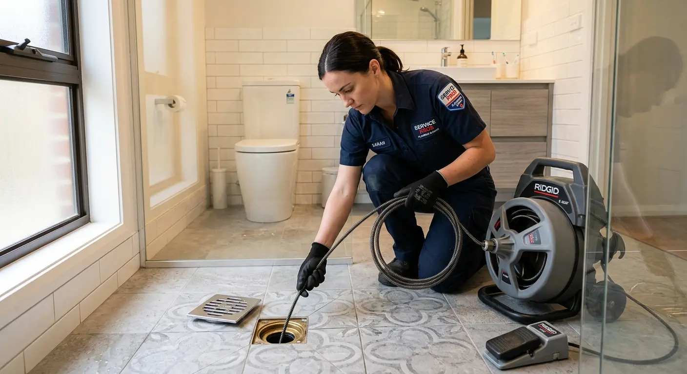 Technician clearing a bathroom floor drain for Hydro Jetting in Wilkinsburg